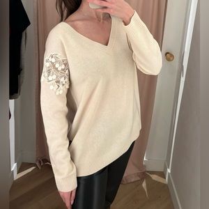 CHLOE Pointelle-Knit beige lace sleeve v neck sweater